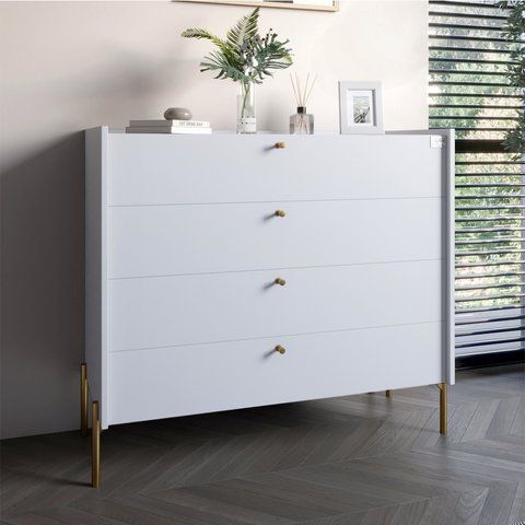 Комод із 4 шухлядами LION Wood із золотими ніжками 100х90х45 см Німфея Альба (білий) (LION-042969) ТОП LION-042969 фото